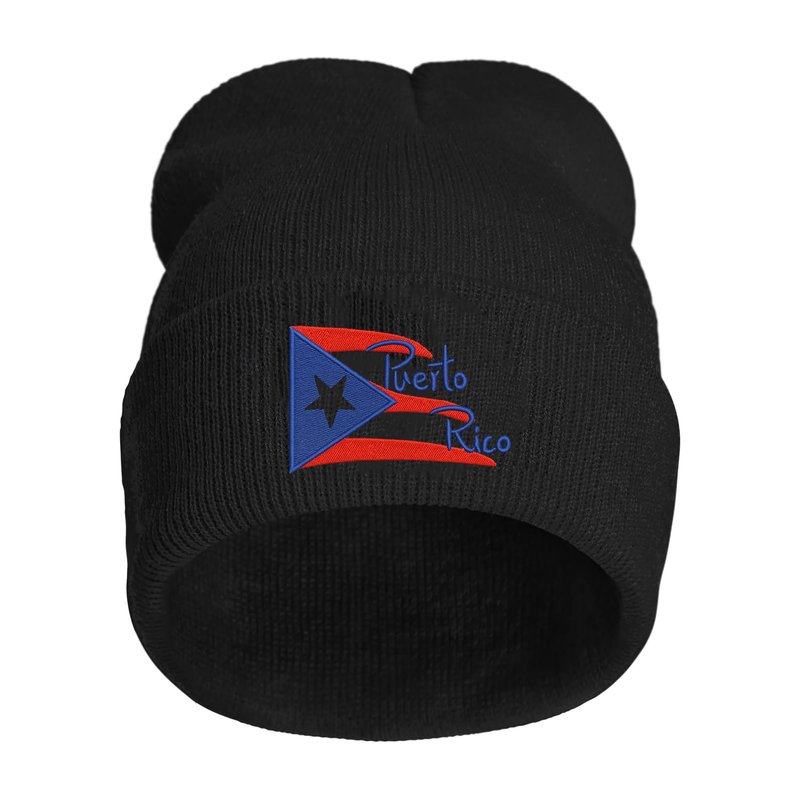Yuawoi Puerto Rico Flag Embroidered Winter Beanie, Casual Stretch Knit Skull Cap Black