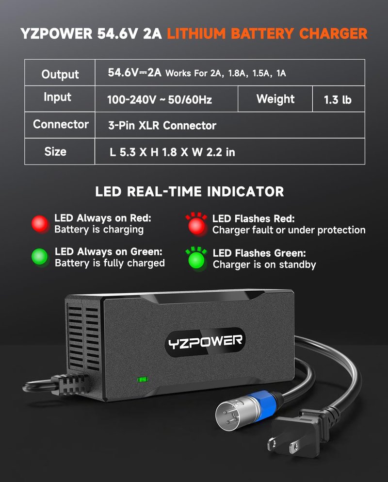 YZPOWER 54.6V 2A Electric Bike Charger, 48V Lithium Battery Charger with Turbo Cooling Fan & Overheat Protection | Fast Charging Power Adapter for E-Bike/Scooter | 3-Pin XLR Connector