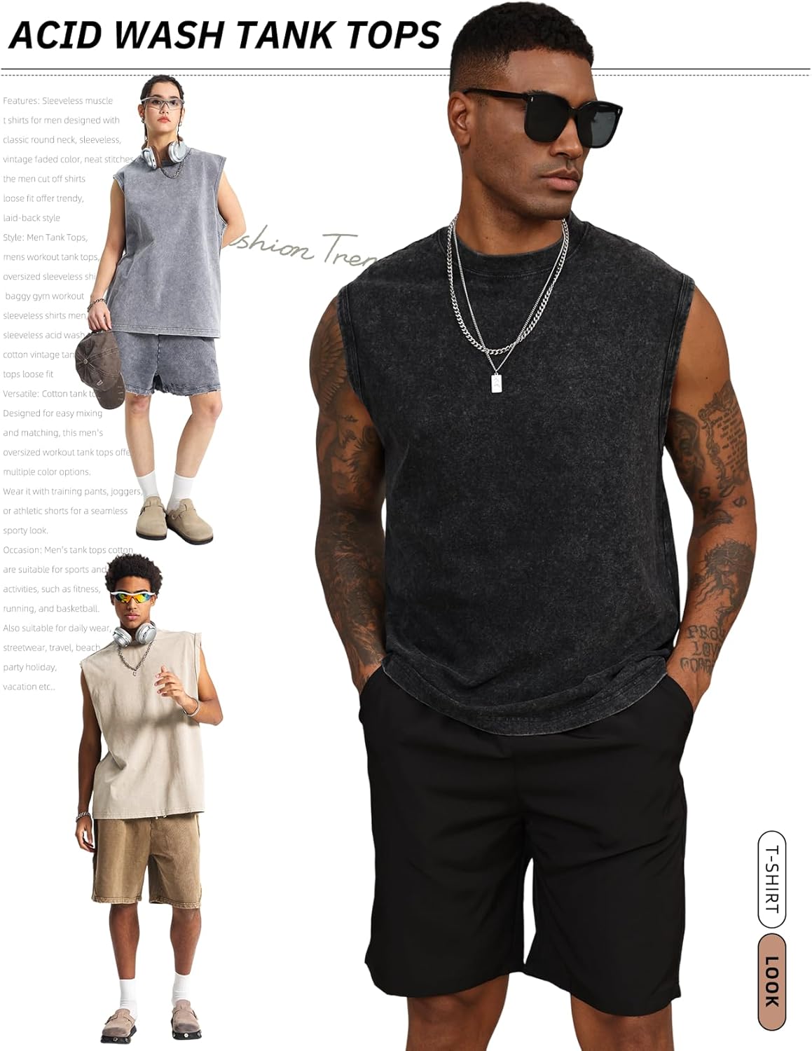 Arssm Sleeveless Tank Tops for Men - Cotton Acid Wash Muscle Tees for Workout & Running