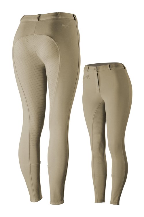 HORZE Active Women's Horse Riding Silicone Grip Full Seat Breeches | Midrise Waist with Front Pocket - Tan - 26