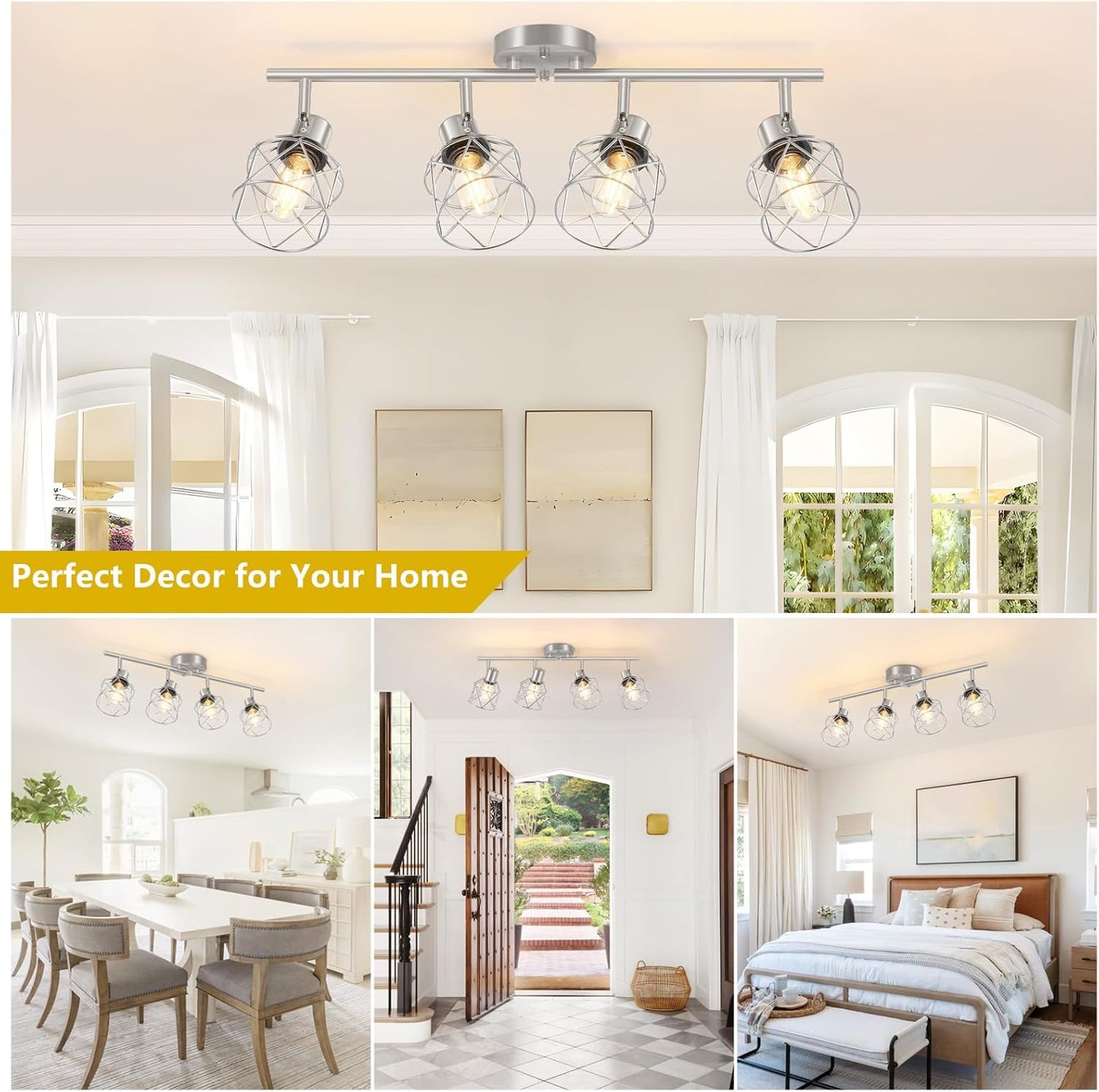 Adjustable 4-Light Semi Flush Mount Ceiling Light with Metal Cage - Farmhouse Style for Dining & Living Rooms