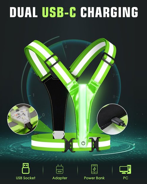 Zacro LED Reflective Vest with Chest Light 500LM, 5 RGB Colors High Visibility Rechargeable Light Up Running Vest IPX4 Night Safety Running Gear for Dog Walking, Cycling, Adjustable for Men Women Kids