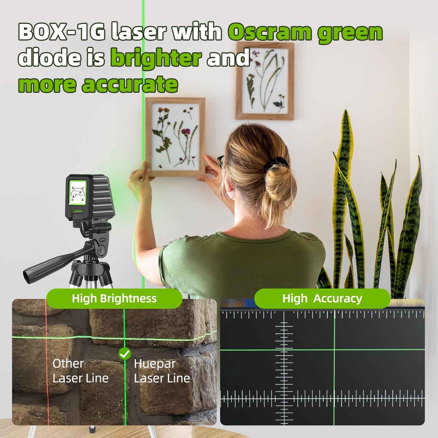 Laser Level with 26in Tripod, Huepar 150°/150Ft Self Leveling Lazer Leveler Tool with Pulse Mode (197Ft), Switchable Green Cross Line for Picture Hanging, Tile, DIY/Construction Project