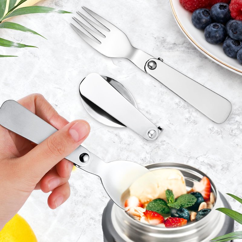 4pcs Metal Folding Spoons & 4pcs Foldable Forks for Thermos Funtainer 10oz Food Jar, Portable Stainless Steel Spoon Fork Set Replacements for Travel Camping Dinner Picnic & Outdoor Activities