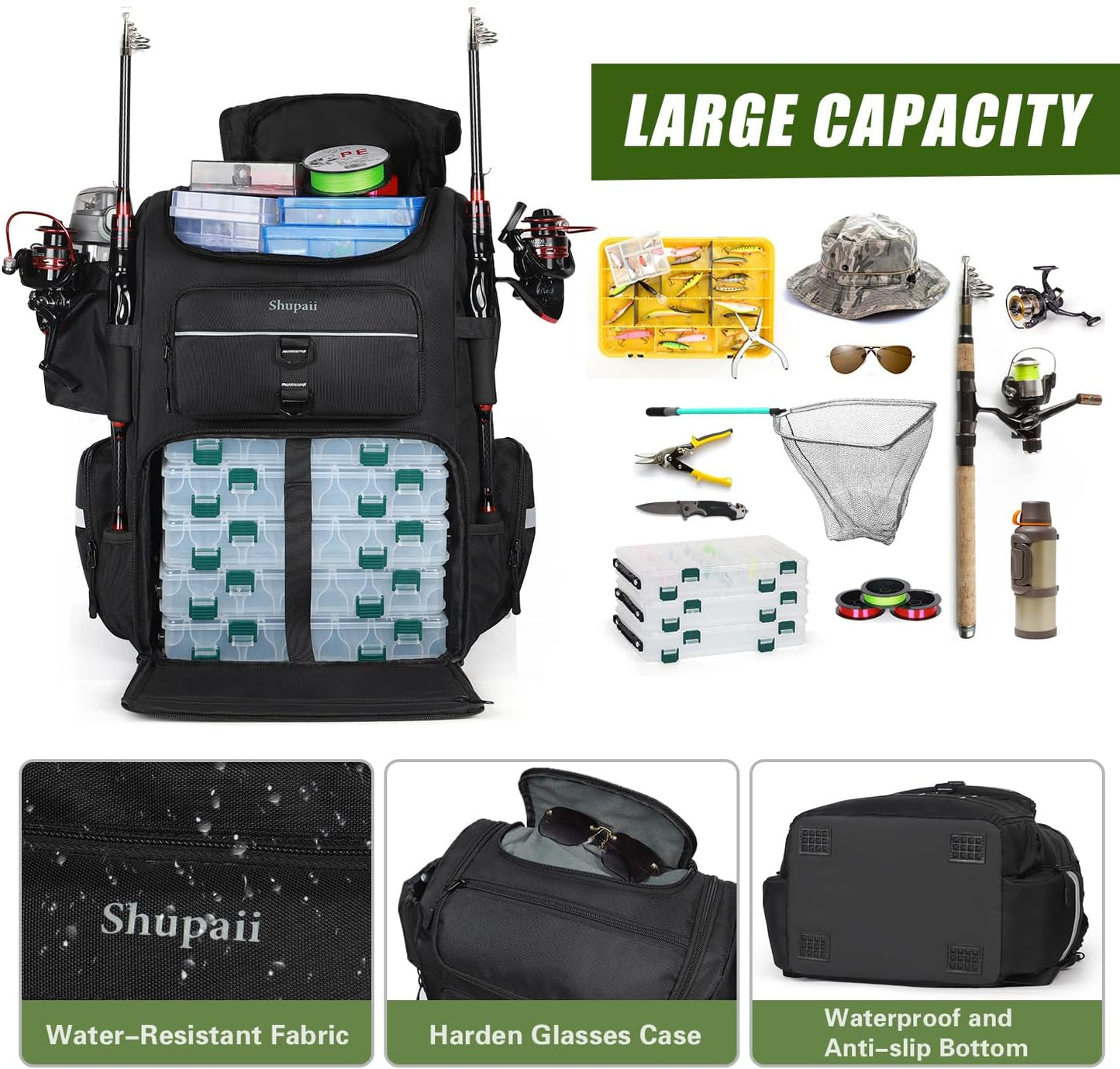 Skiennix Large Fishing Backpack - Waterproof Design with Rod Holders | 45L Tackle Box for Men