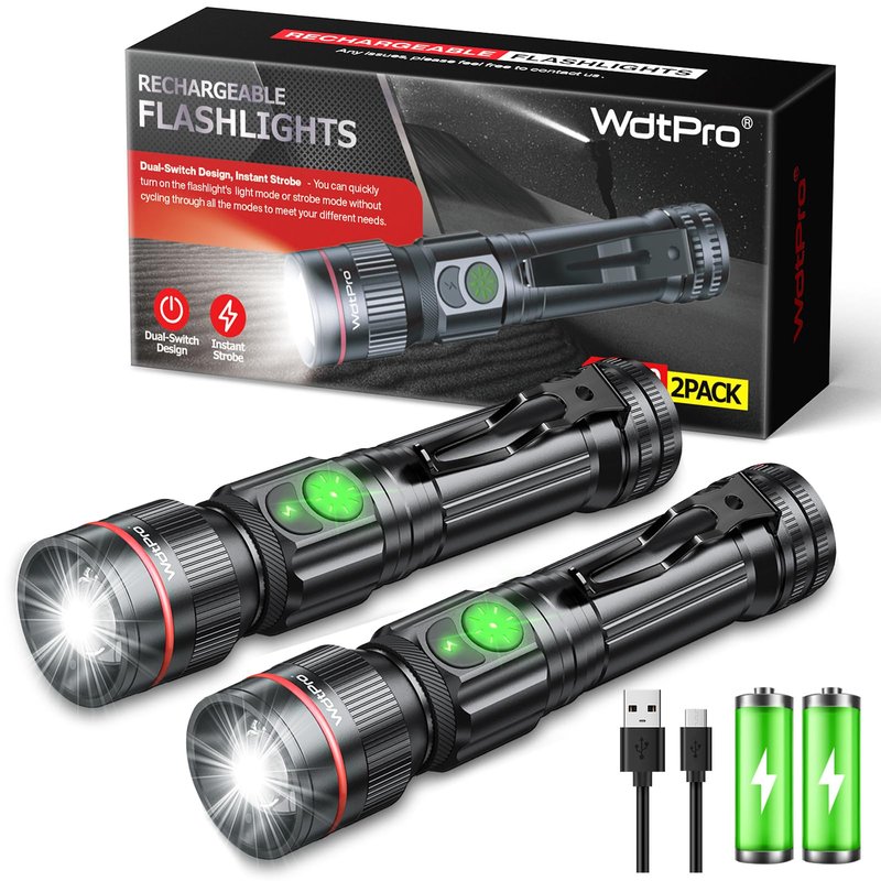 WdtPro 2 Pack Flashlights Rechargeable, Bright Mini LED Pocket Flash Lights with Clip, Zoomable, Dual Switch, 5 Modes, Waterproof Flashlight for Camping Outdoor Home Emergency (Battery Included)