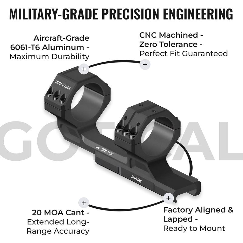 Gotical Tactical 34mm Tube 20MOA One Piece Ring Mount w/10:30, 12 o'clock, 1:30 Top Optic RMR Mount Plate, 1.57" Central Height, for 20mm Picatinny Rail