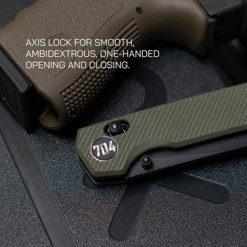 704 Gear Fang EDC Folding Pocket Knife | 3.22" Tanto Blade, D2 Steel, G10 Handle, Crossbar Lock, Reversible Pocket Clip | Olive Drab Green