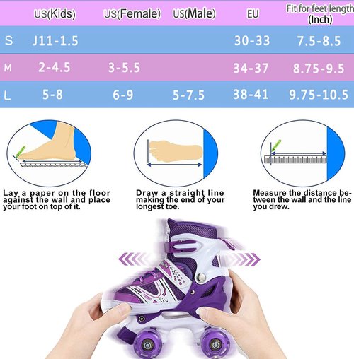 Kids Roller Skates for Girls, Adjustable Size Double Roller Skates, with All Wheels Light up, Fun Illuminating Rollerskates for Beginners, Medium（2-5）, Purple