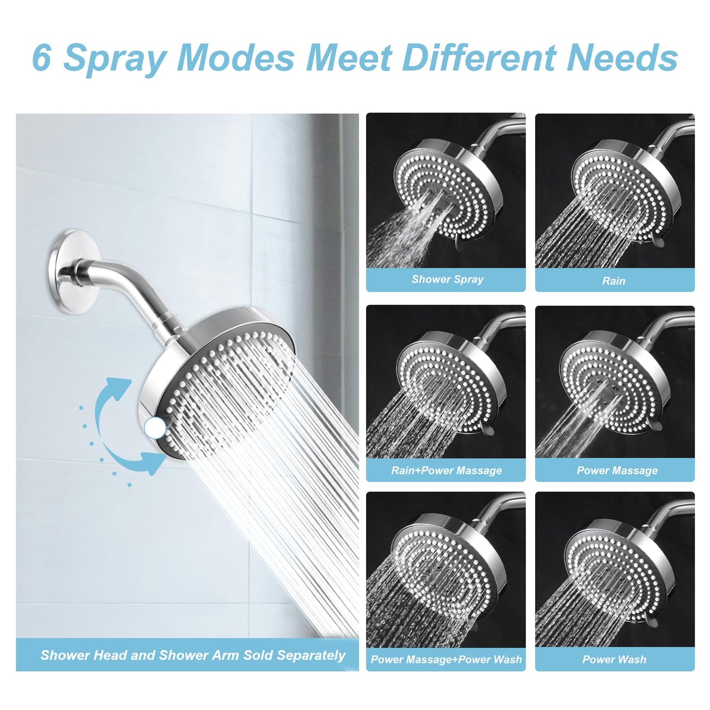 OFFO Shower Head, High Pressure Shower Head with 6 Mode, Fixed Showerheads for Strong Water Flow & Relaxing Shower Experience, Chrome