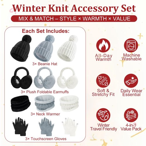 12 Pcs Women’s Winter Set– Beanie Hat Neck Warmer Touchscreen Gloves Earmuffs, Warm & Comfort Cold Weather Gifts for Women