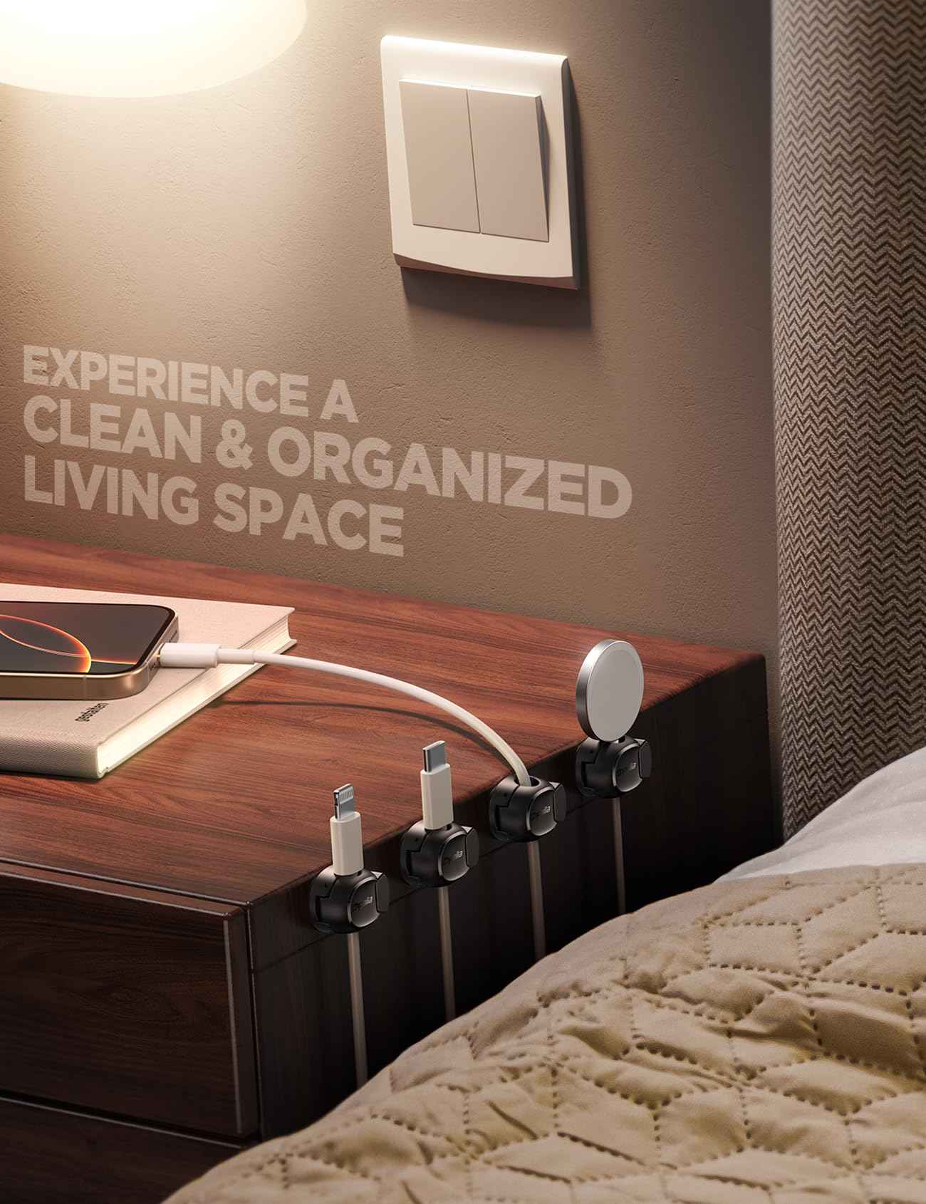 12Pack Cord Organizer [Dual Spring & Clasp, Max Secure] Cable Clips - Chfeila Cord Holder, Desk Cable Management, Adhesive Phone Charging Wire Holder for Nightstand/Car/Wall, Office Accessory - Black