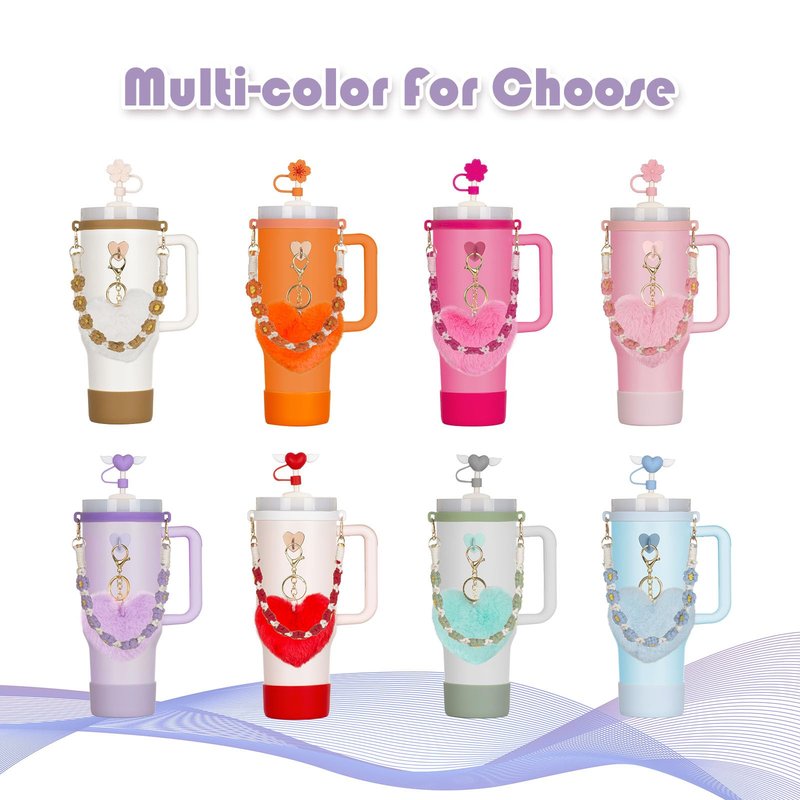 Rabrgab 7Pcs Khaki Stanley Cup Accessories Set with Handle Strap, Love Heart/Flower Straw Topper Straw Cover Cap, Silicone Boot, Love Heart Charms for Water Bottle Tumbler 20oz 30oz 40oz