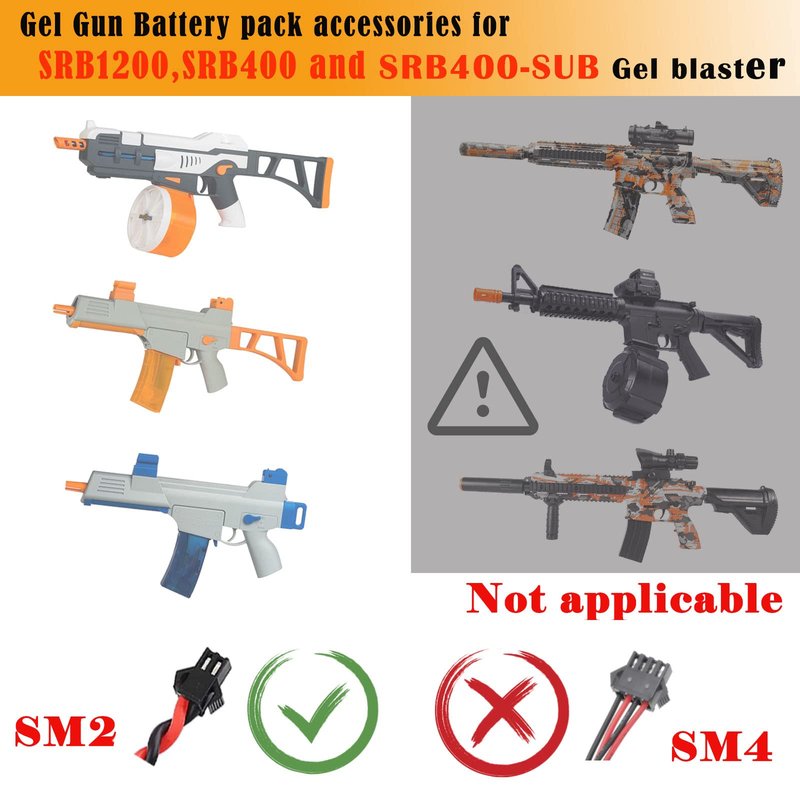 BTEDZSW 2 Pack 7.4V 2000mAh Battery Splatter Ball Gun Battery Pack Accessories for SRB1200 400 400-SUB Airsoft or Water-Gun Toy with USB Charging Cable SM2P XH-3 Plug