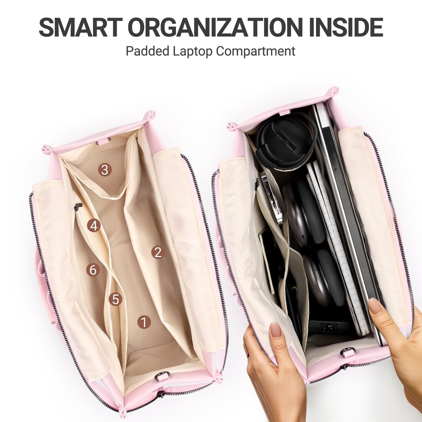 ZORFIN Canvas Tote Bag for Women with Zipper and Compartments Crossbody Work Laptop Bag for Travel College Office, Pink
