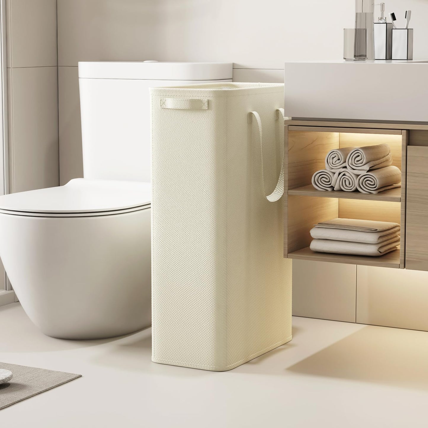 Lifewit 2 Pack Slim Laundry Hamper, Collapsible Narrow Laundry Basket, Small Tall Dirty Clothes Hampers with Handles for Bathroom Bedroom College Dorm, White, 65L