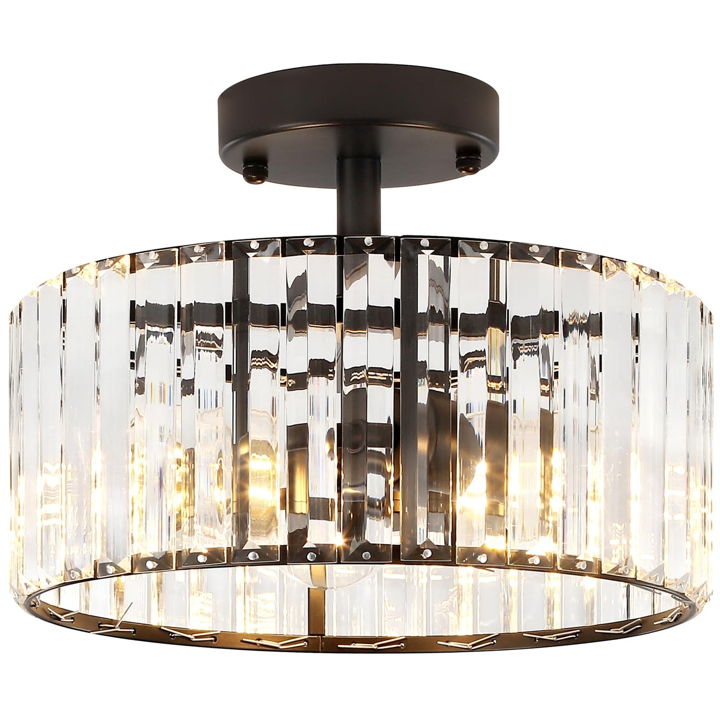 TOULMJ Crystal Ceiling Light, 3-Light Semi Flush Mount Ceiling Lighting Fixture, Black Round Hallway Light Fixtures for Kitchen Entryway Bedroom Laundry Room