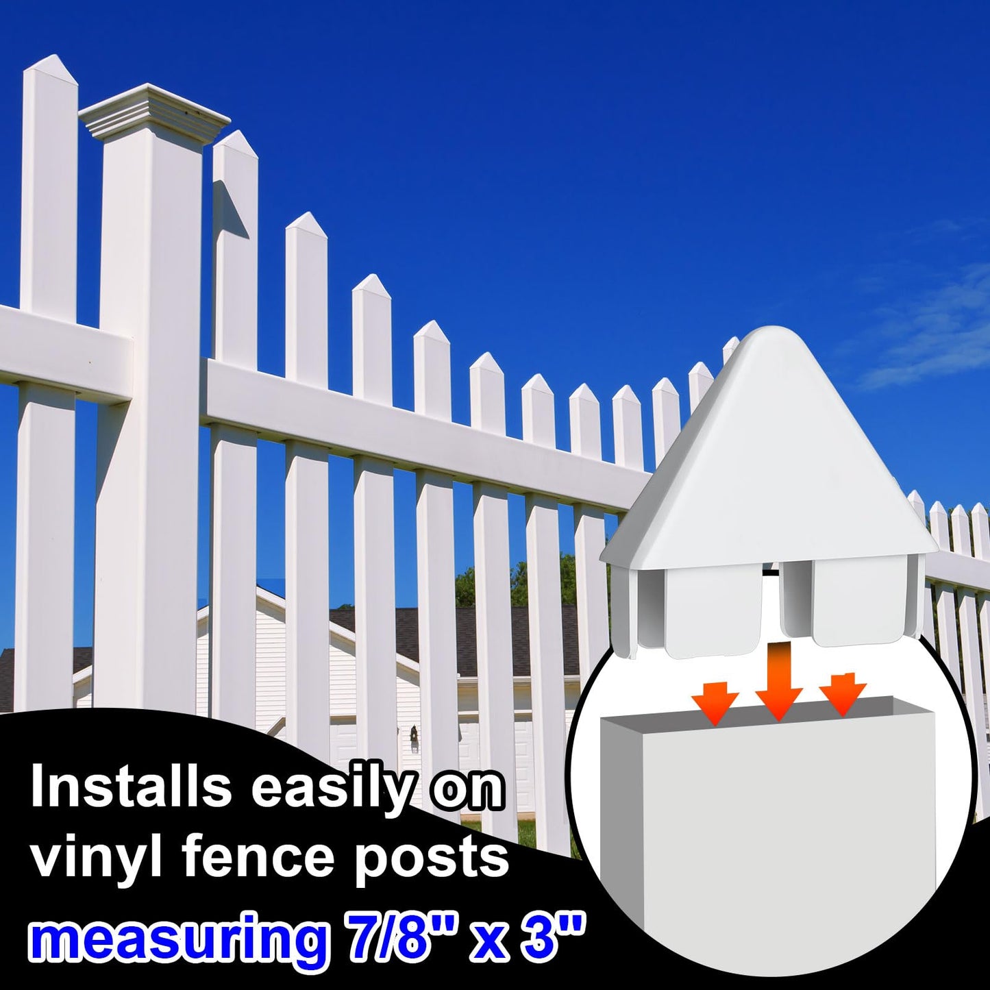 Pelopy 8 Packs Vinyl Picket Fence Caps 7/8" x 3" Vinyl Picket Fence Parts White Post caps for Outdoor Garden (Pointed Style)