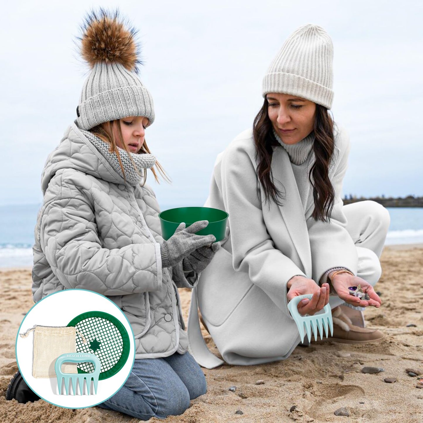 Sand Scoop with Shovel Sand Flea Rake with Beach Mesh Bag Plastic Sand Sifter for The Beach Shell Scooper Shark Teeth Digger for Picking Up Shells Sea Glass Hunting Tools Beach (Blue with Sifter)