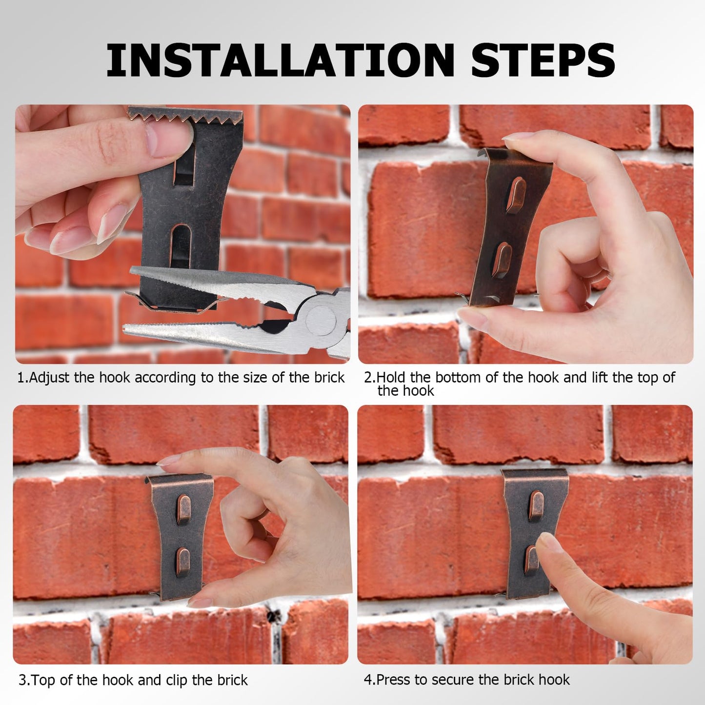 Brick Clips,16PCS Brick Hook Clips Hanging Outdoors for 2-1/4" to 2-3/8" High Bricks Heavy Duty Brick Hooks Hangers Wall Clips Hanging No Drill & Nails