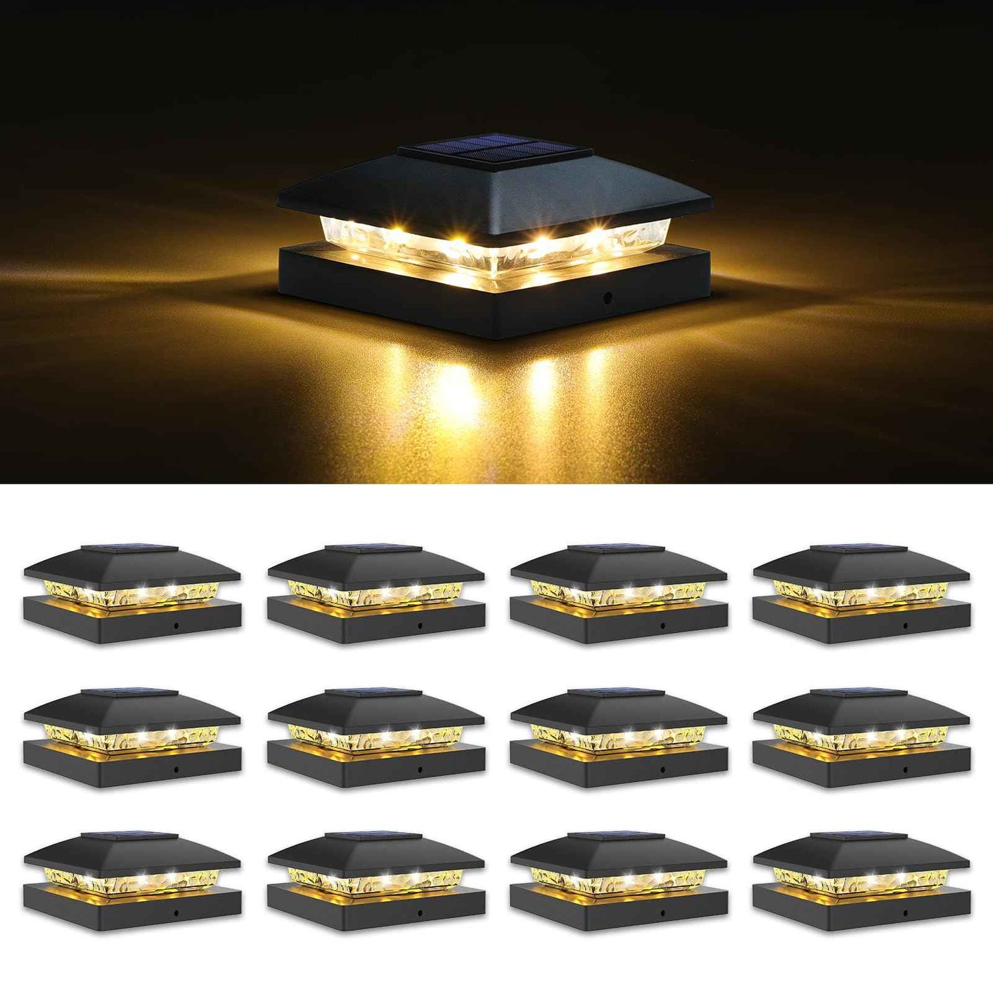 VOLISUN 4x4 Solar Post Cap Light 12pack,Solar Fence - Cap Lights Outdoor Waterproof for Wooden/Vinyl Post,Black Deck Post Cap Light Solar Powered with Warm White for Garden/Patio/Porch