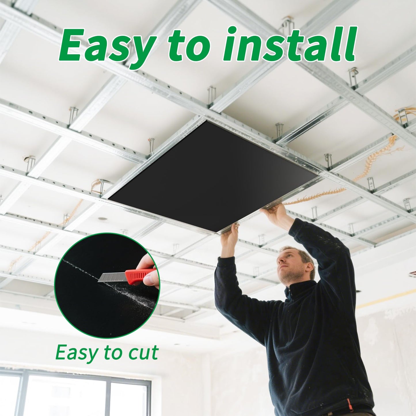 Art3d 24"x24" Smooth Drop Ceiling Tiles (48 Sq.Ft), 12-Pack 2ft x 2ft PVC Tiles for Home and Office, Waterproof and Reusable Plastic Ceiling, Black