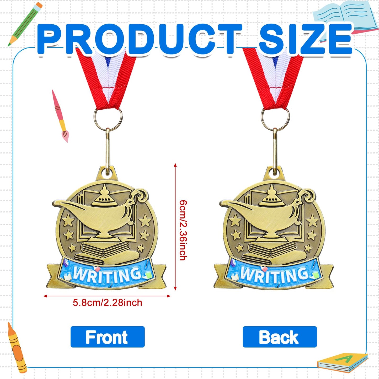 Loetere 20 Pcs Academic Excellence Medals Bulk 2.4 inch Reading Gold Medals with Neck Ribbons Metal Trophy Award Prize Gifts for Adult Book Lover Competitions Party (Writing)