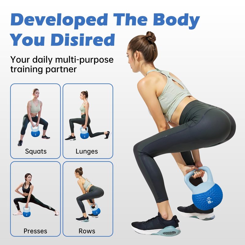 Leikefitness Soft Kettlebells,Anti-Slip Grip Weight for Women and Men,Cushioned Impact-Safe Strength Training Kettlebell,Home workout (Blue-15lb)
