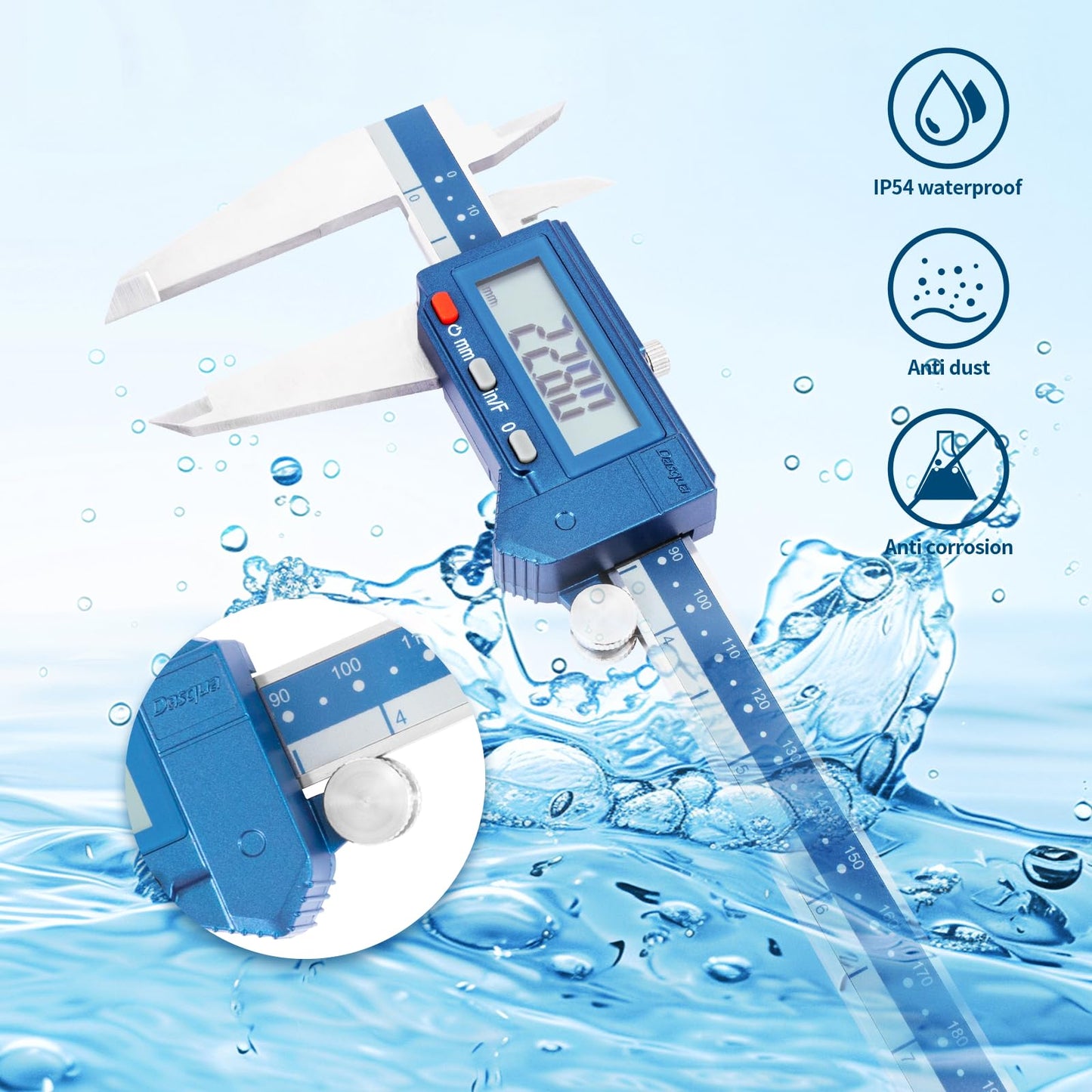 Dasqua Digital Caliper 12", IP54 Stainless Steel Water Resistant Caliper with Large LCD Display and Storage Case, Easy Switch Between Inch/Metric/Fraction, Accuracy 0.001'', Precision Measuring Tool