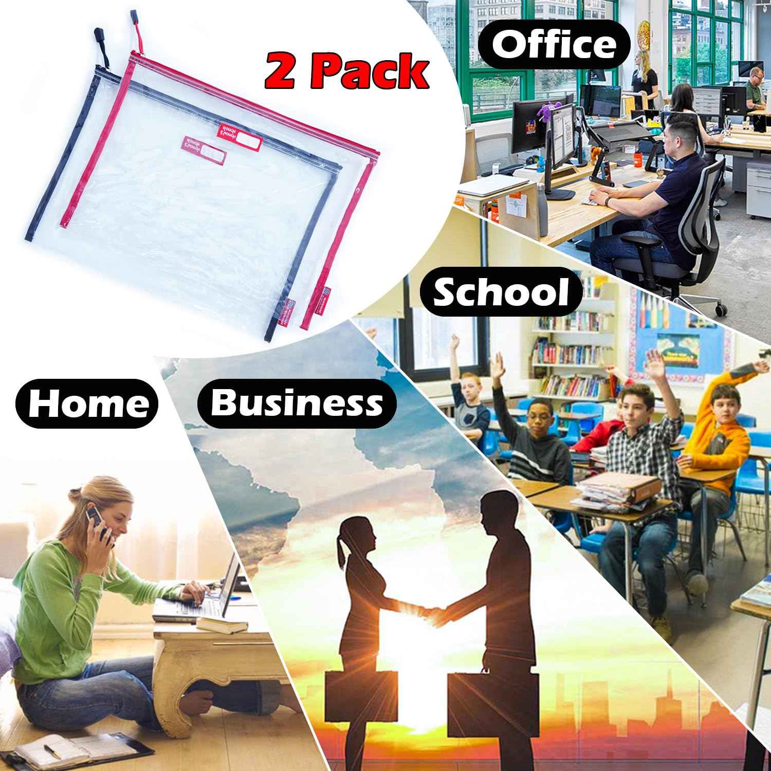 Rough Enough Plastic File Folder Clear Document Holder Bag Zipper Pouches Bags for Organizing A4 Paper Letter Office Teacher Art Supplies Storage