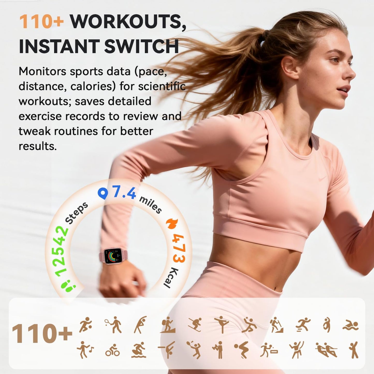 Skiennix Smart Watch | Fitness Tracker with 1000mAh Battery & Sleep Monitor - Pink, 3 Straps, 110+ Sports Modes