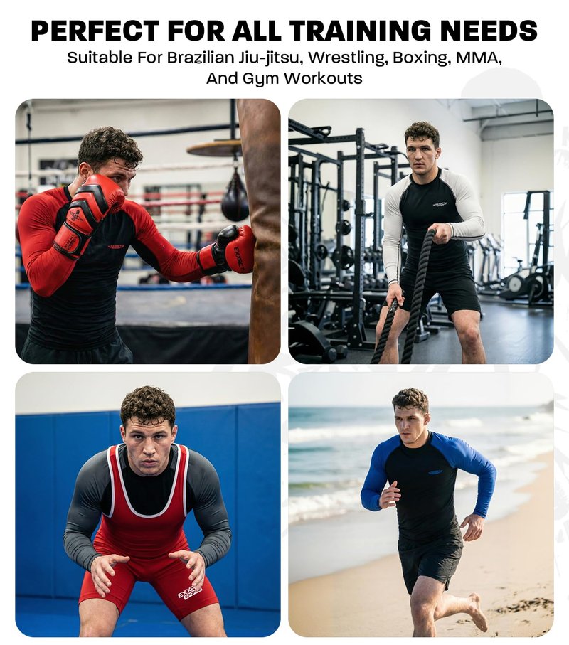 Exxact Sports Men’s BJJ Rash Guard Long Sleeve, IBJJF Ranked No Gi Jiu Jitsu Compression Shirt for MMA Grappling & Wrestling - (Black/Purple, AM)