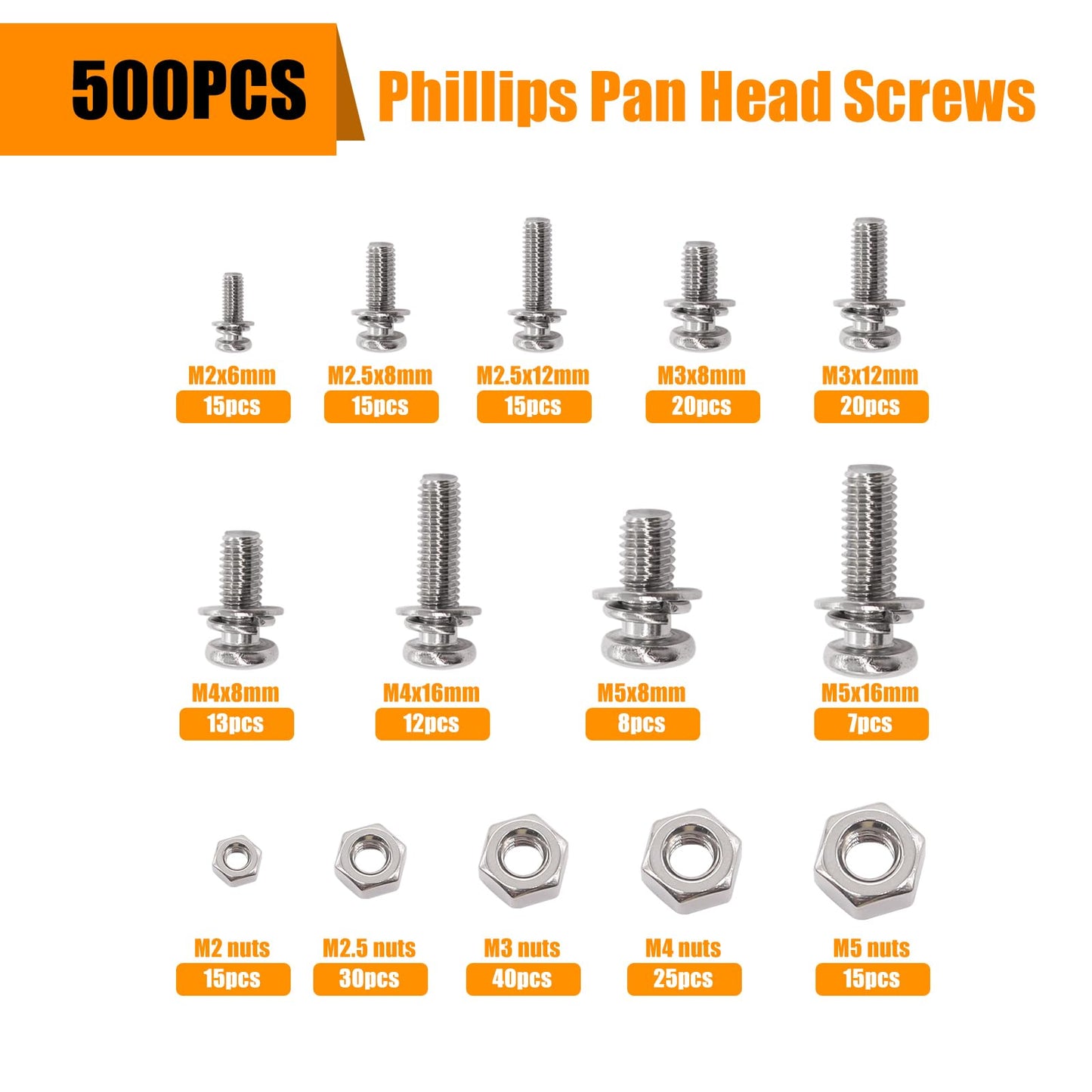 weideer 500Pcs Nut and Bolt Assortment Kit,M2 M2.5 M3 M4 M5 Machine Screws, 304 Stainless Steel Combination Screws for Electronics,Motorcycle,DIY Projects K-188