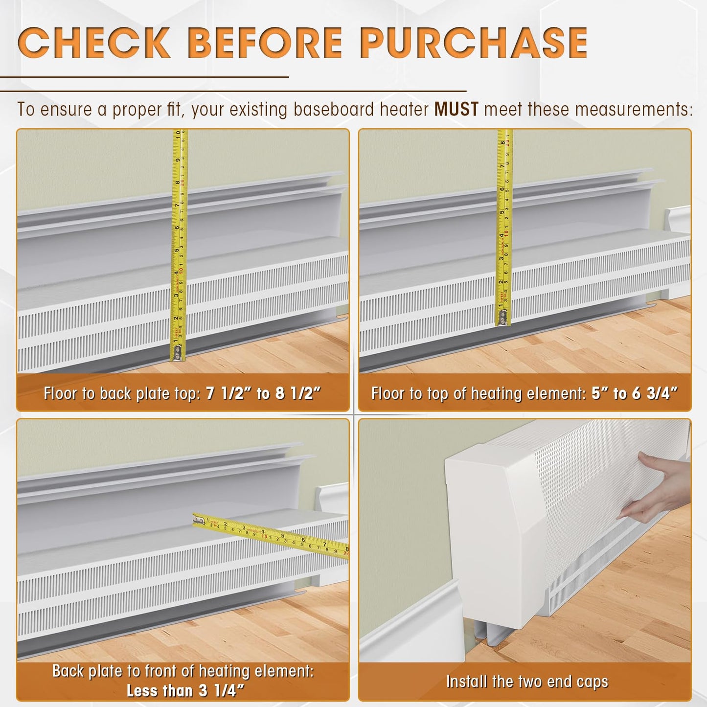 5ft Steel Easy Slip-On Baseboard Heater Cover with End Caps for Bathroom & Hydronic System for Replacing Old Cover, White