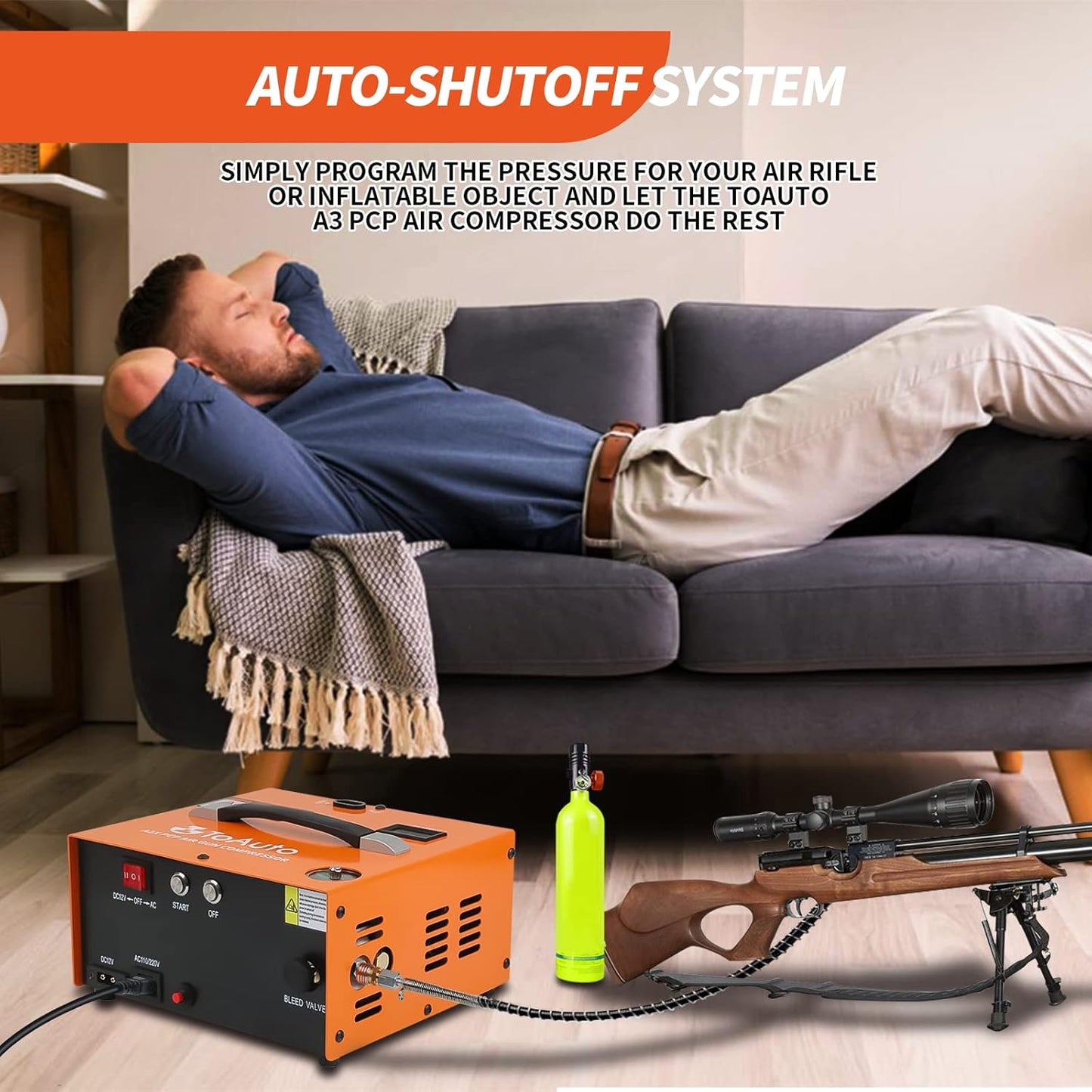 TOAUTO A2X PCP Air Compressor - Portable 4500Psi, One Button Start, Oil/Water-Free for Paintball & Scuba