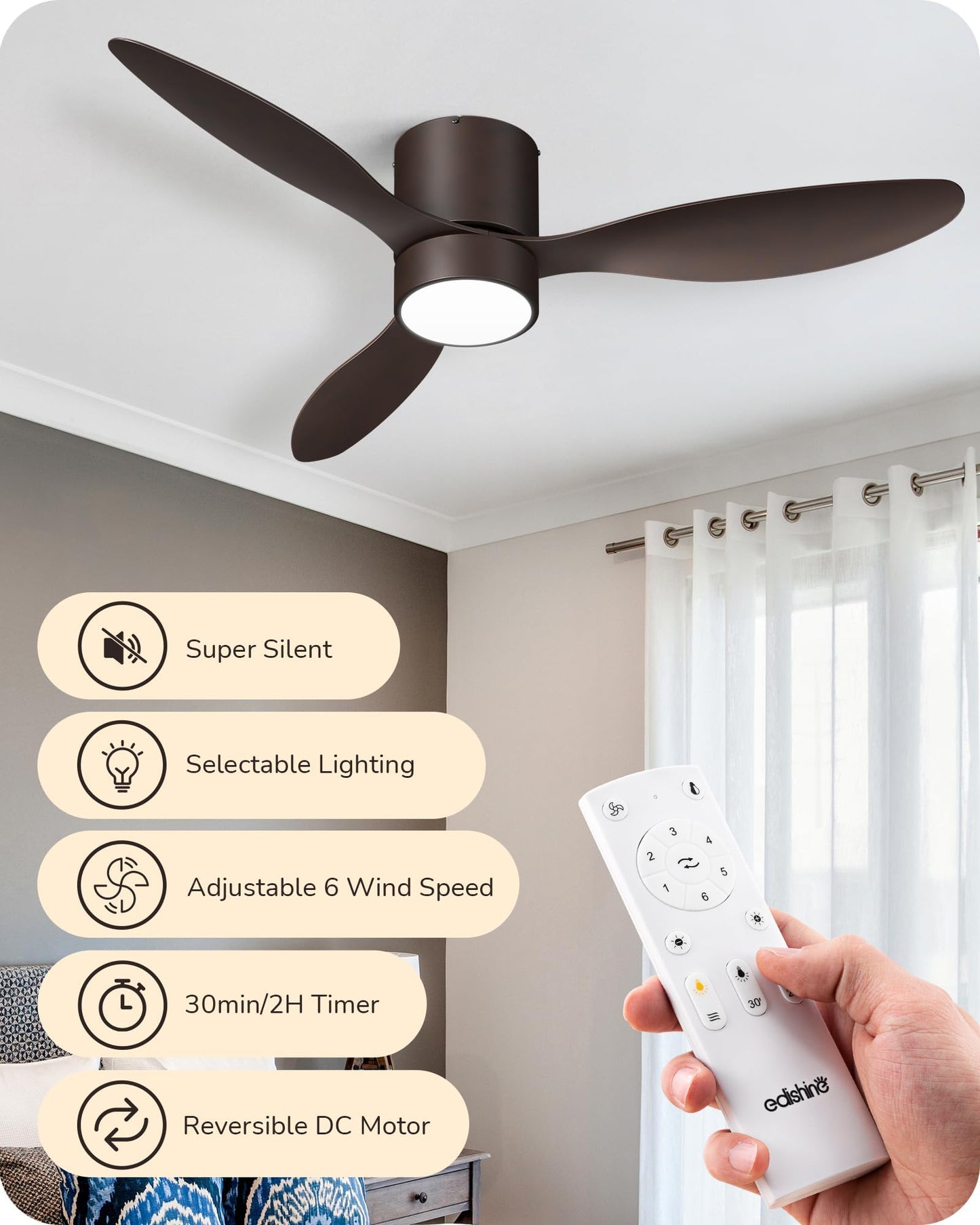 EDISHINE 52" Low Profile Ceiling Fans with Lights, Remote Control, Noiseless, 3CCT LED Dimmable, Reversible DC Motor, Timer, 6 Speeds, Modern Ceiling Fan Flush Mount for Bedroom Living Room, UL Listed