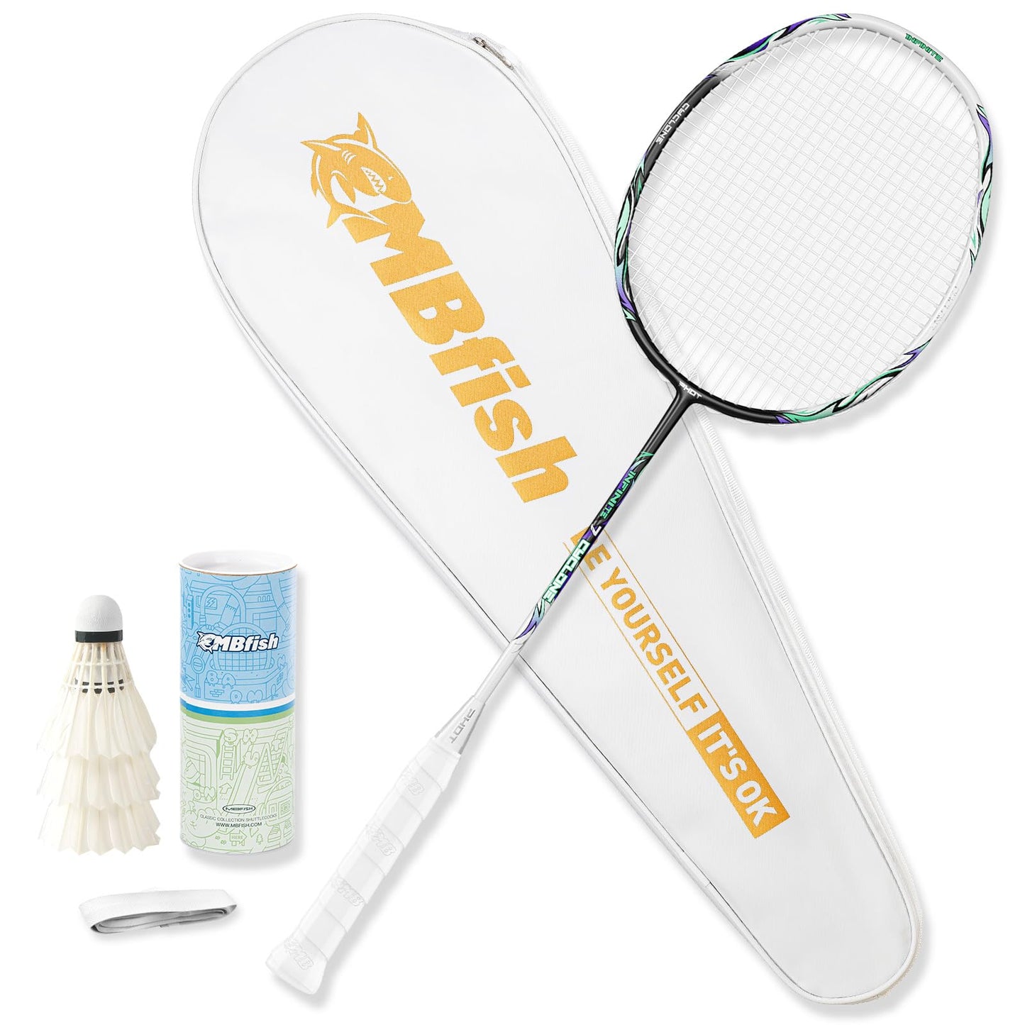 MBFISH Badminton Racket Set, Equipped with 1 Carbon Fiber Badminton Racket, 3 Shuttlecocks, 2 Replacement Grips, and 1 Badminton Bag - PHOT Series Perfect for Outdoor Sports 5U Sound Velocity 1P