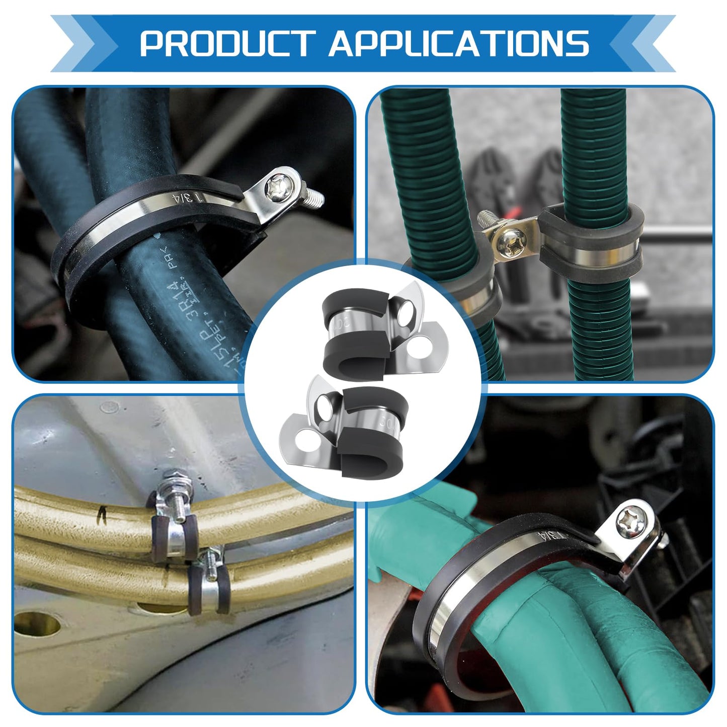 JTAREA 7Sizes 304 Stainless Steel Cable Clamps Assortment Kit 1/4" 5/16" 3/8" 1/2" 5/8" 3/4" 1" Cushion Cable Clamp Rubber Coated Wire Clip Pipe Clamp