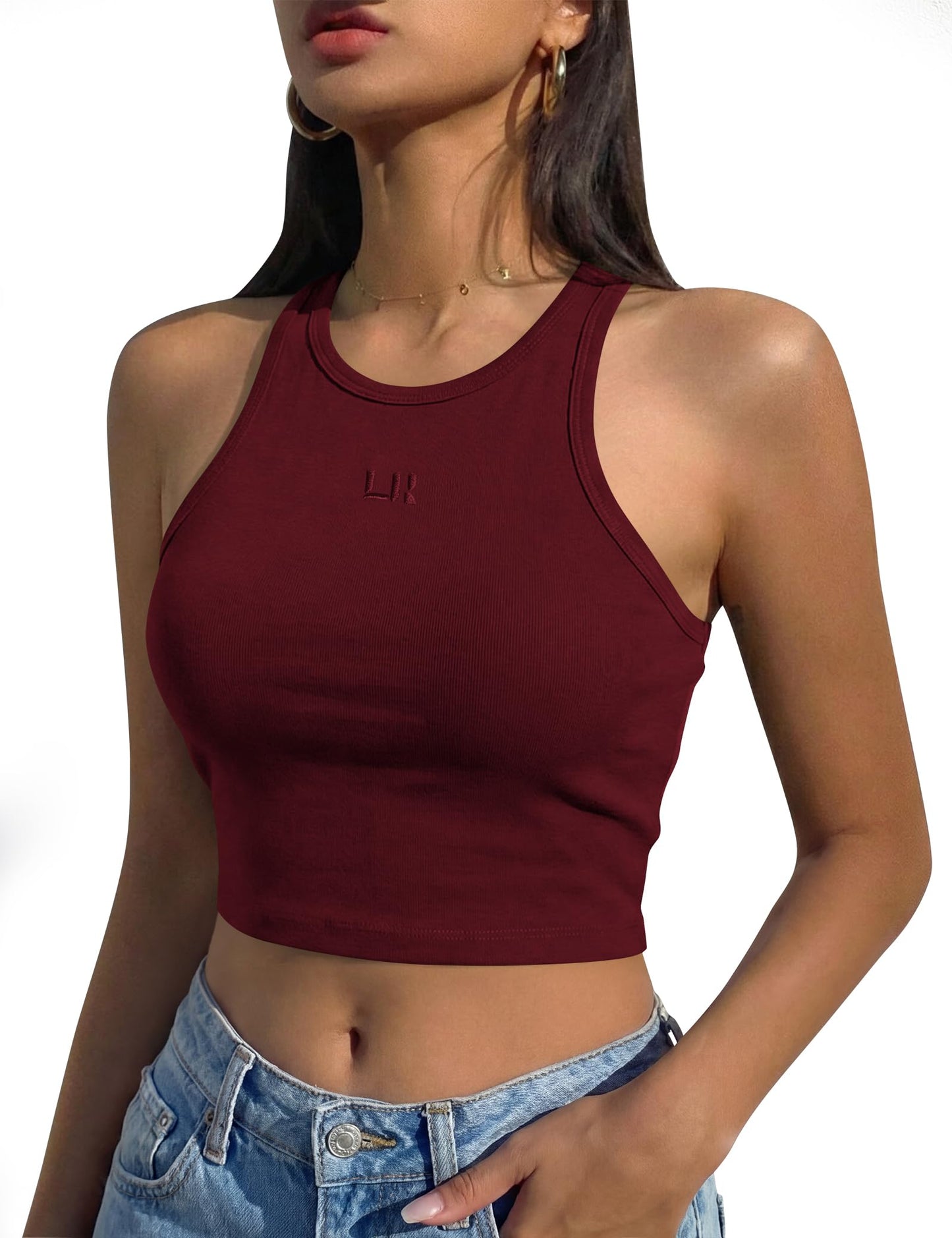 LouKeith Womens Cropped Tank Tops Racerback High Neck Ribbed Cotton Fitted Sleeveless Crop Tank Basic Top Burgundy M