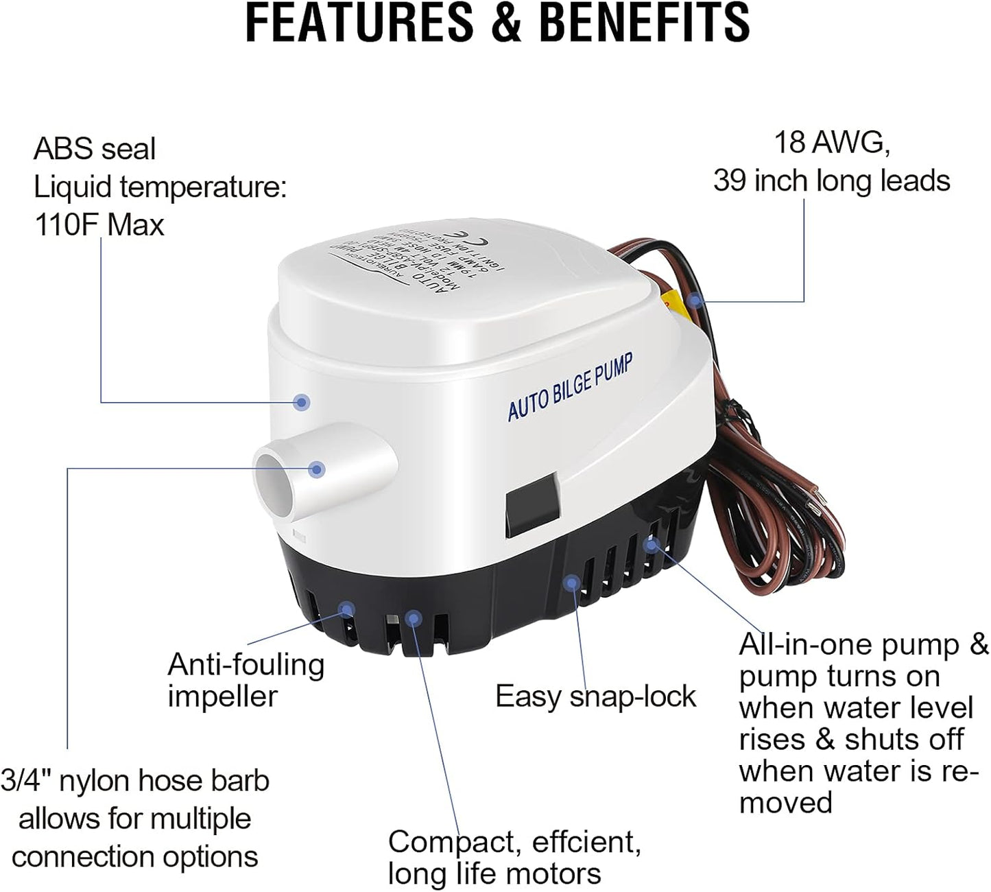 Skiennix 750GPH Submersible Bilge Water Pump - Automatic Float Switch | 3/4 Inch Outlet Diameter