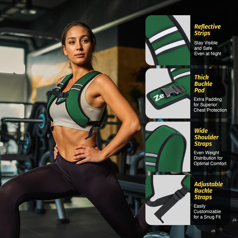 ZELUS Weighted Vest, Washable Z-Fit Soft Iron Weighted Vest for Women and Men, 5/10/15 lb Weight Vest with Reflective Strips & Adjustable Straps, Ultra Thin Weight Vest for Gym Strength Training (10lb) Green