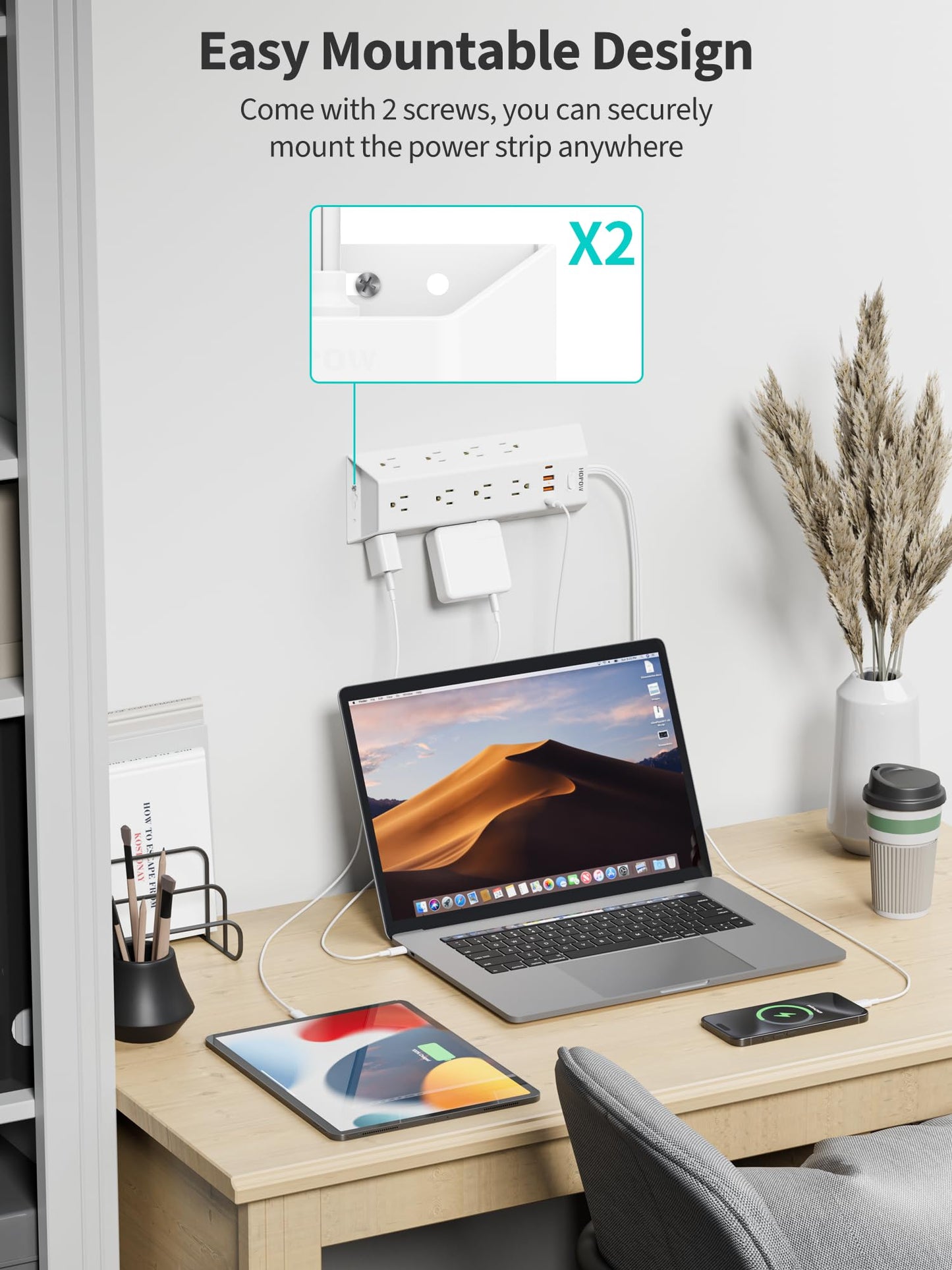 HOPOW Surge Protector Power Strip, 5FT Extension Cord with 12 AC Outlets & 4 USB Ports (2 USB C), Wall Mount, Flat Plug Charging Station, 1700 Joules Surge Protector for Home Office, White