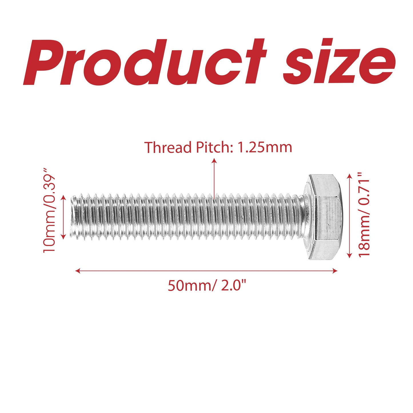 5PCS/Lot M10x1.25 Fine Thread Hex Head Rod Bolts - Din933 Standard Size: Thread Diameter: M10 - Length: 50mm - Thread Pitch: 1.25mm (Silver Color, Material: Stainless Steel)