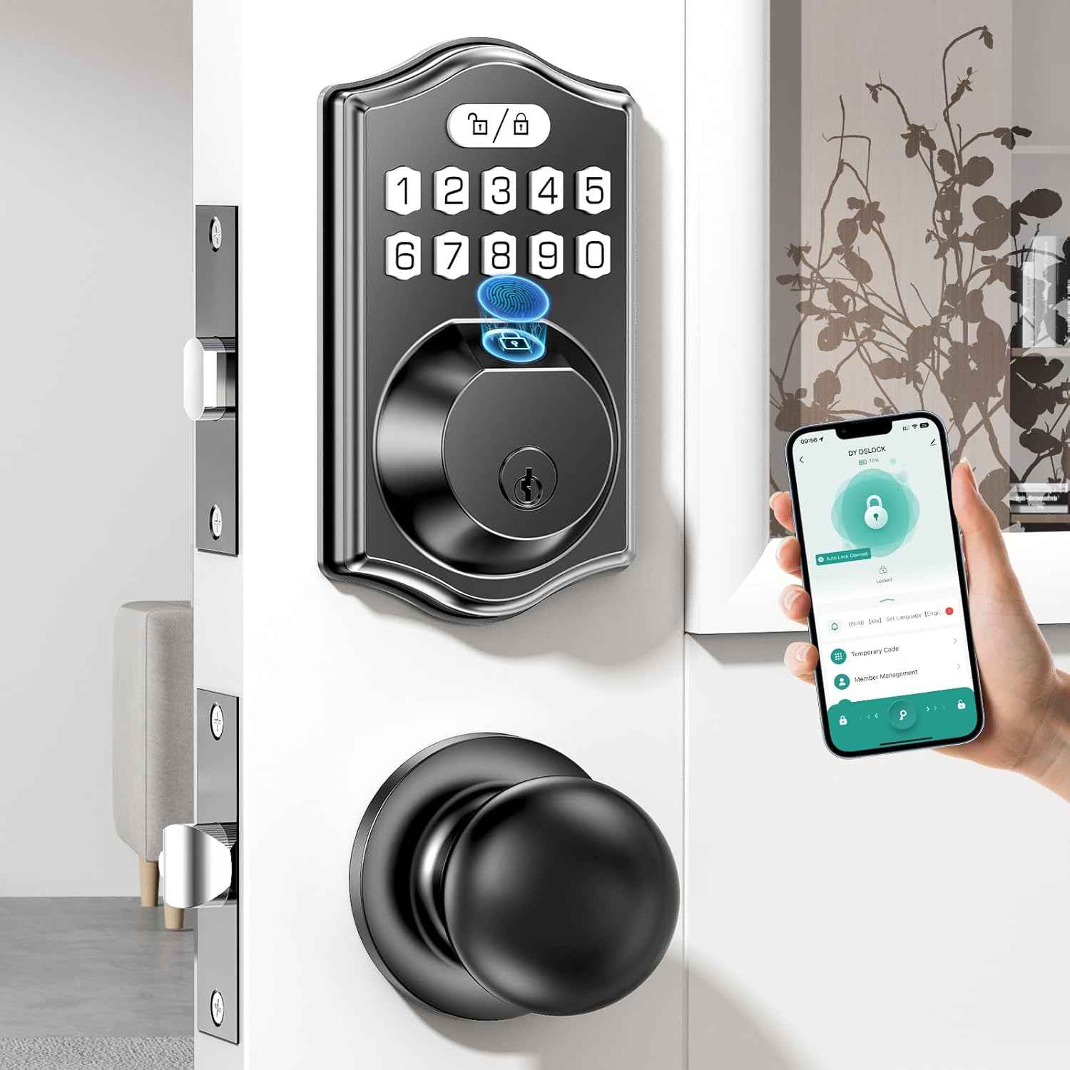 Fingerprint Smart Keyless Entry Deadbolt Lock Set with Handle - App Control & Auto Lock