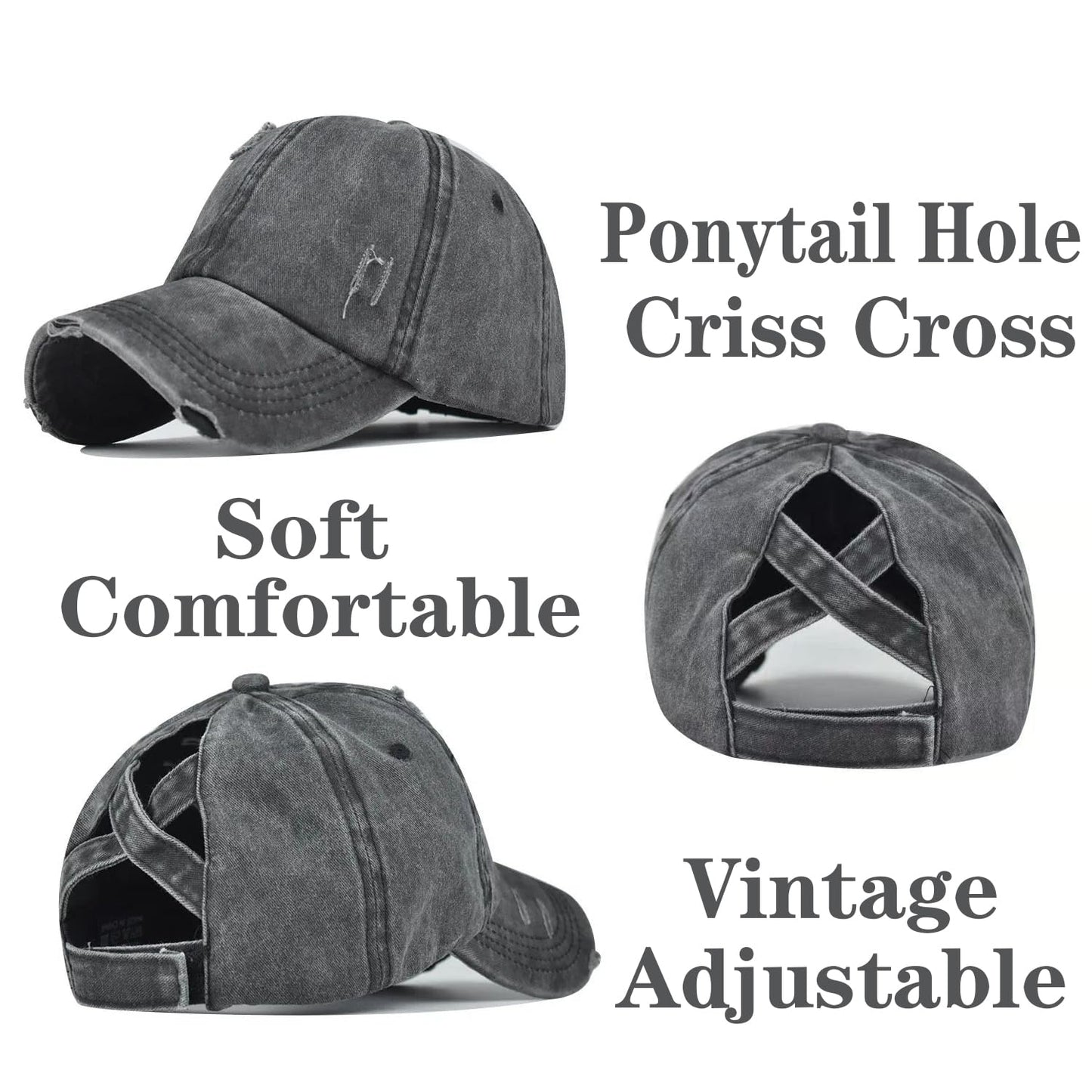 2 Packs Womens Ponytail Criss Cross Hat Baseball Cap Distressed Ponytail Hat High Messy Bun Trucker Ponycap