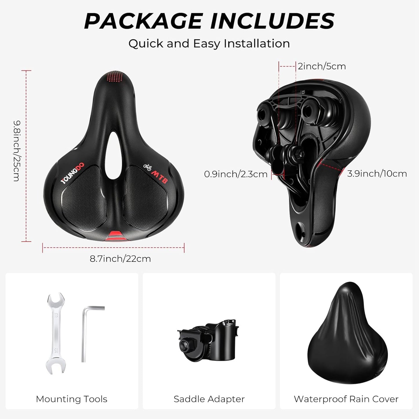 YOUNGDO Bike Seat - Comfortable Wide Gel Saddle for Road & Mountain Bikes | Breathable Design