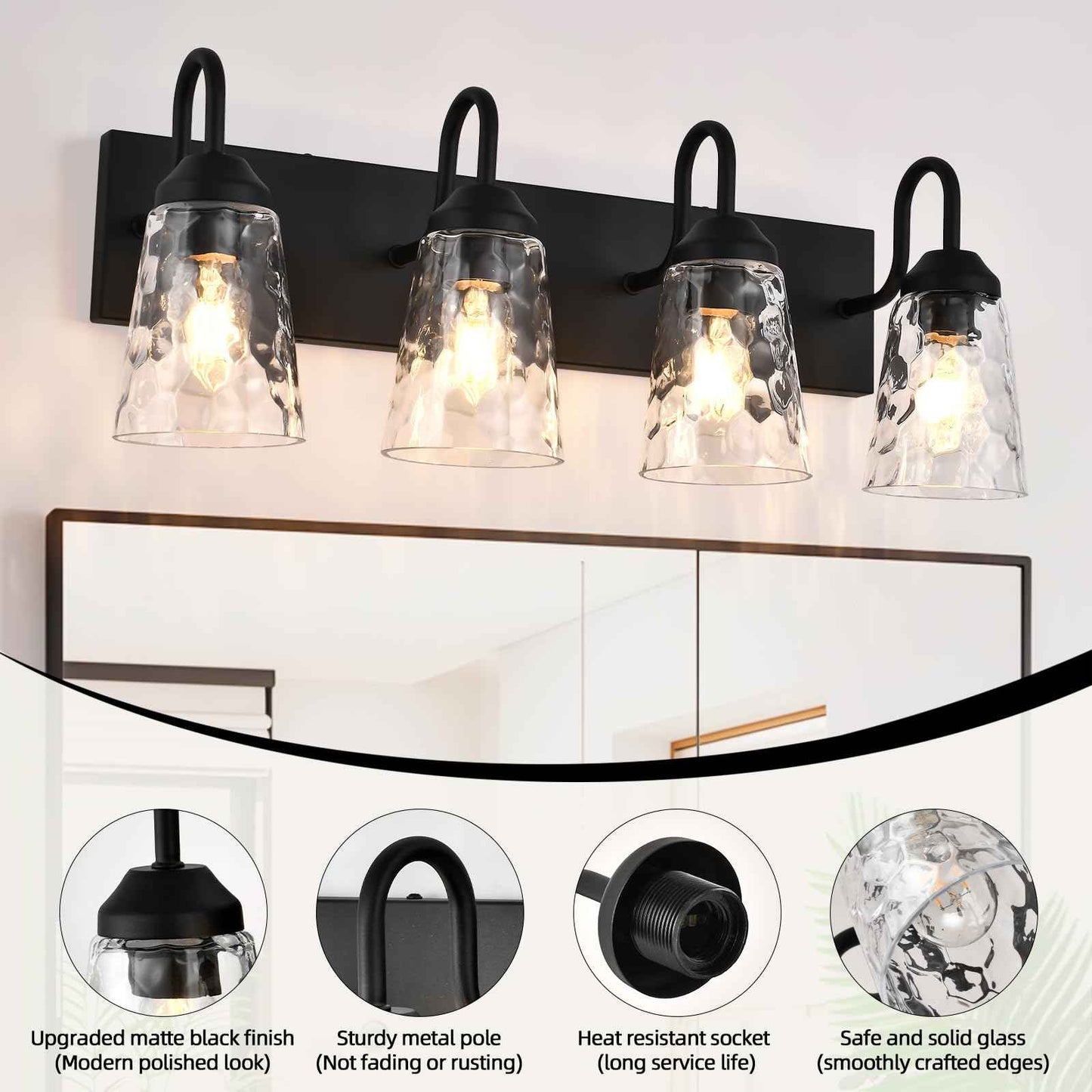 NOVCAND 4-Light Bathroom Light Fixtures, Coastal Vanity Lights with Crystal Glass Shade, Black Bathroom Wall Lamp for Mirror Kitchen Hallway Bedroom