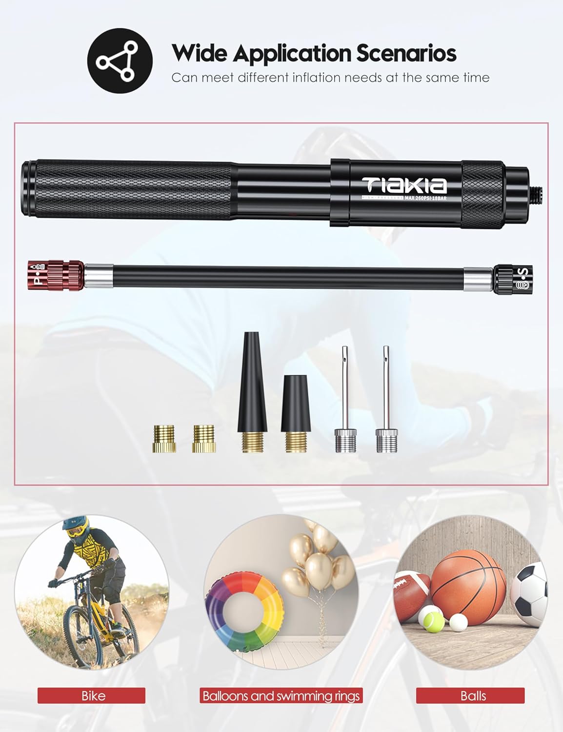 Tiakia Mini Bike Pump - Portable 260PSI High Pressure Frame Pump for Presta & Schrader Valves | Aluminum Alloy Tire Pump for Road & Mountain Bikes