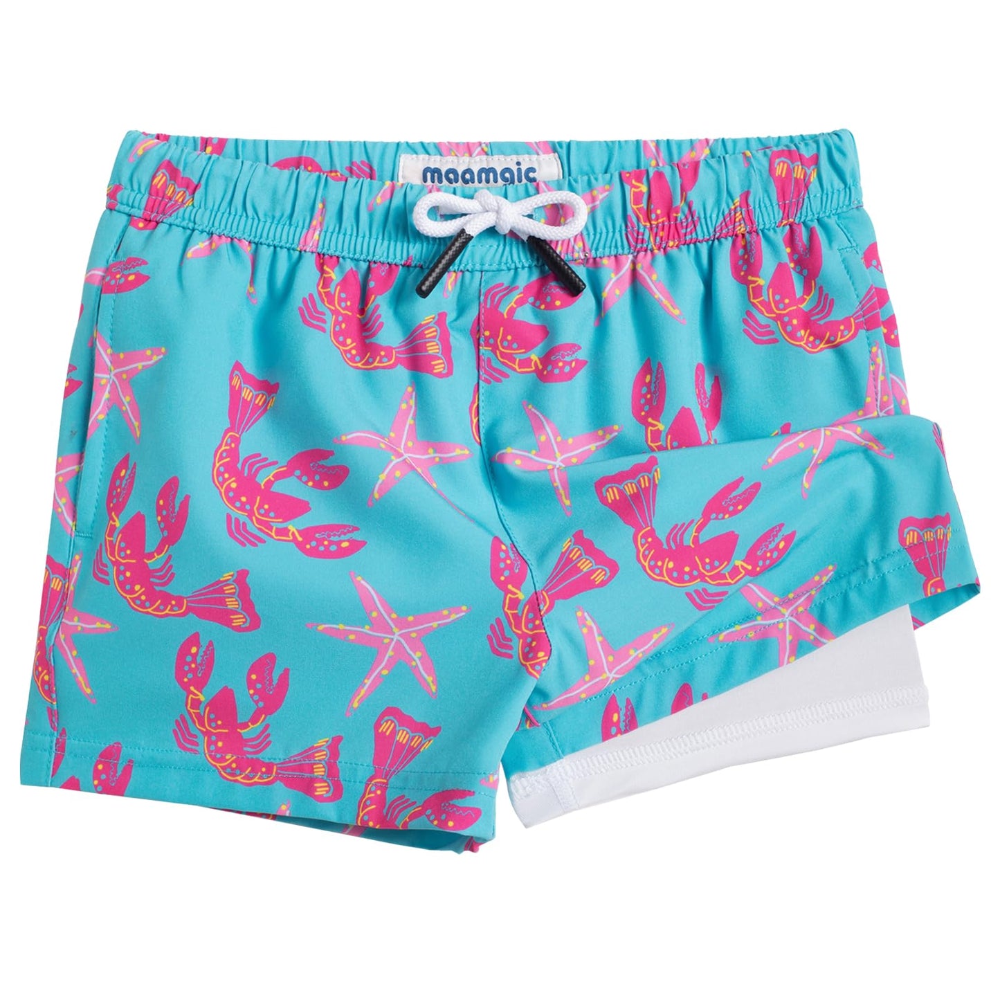 maamgic Boys Swim Trunks with Compression Liner Toddler Boy Swimsuit Quick Dry 4-Way Stretch Swimming Trunks Sea World Acid Blue 10-12 Years