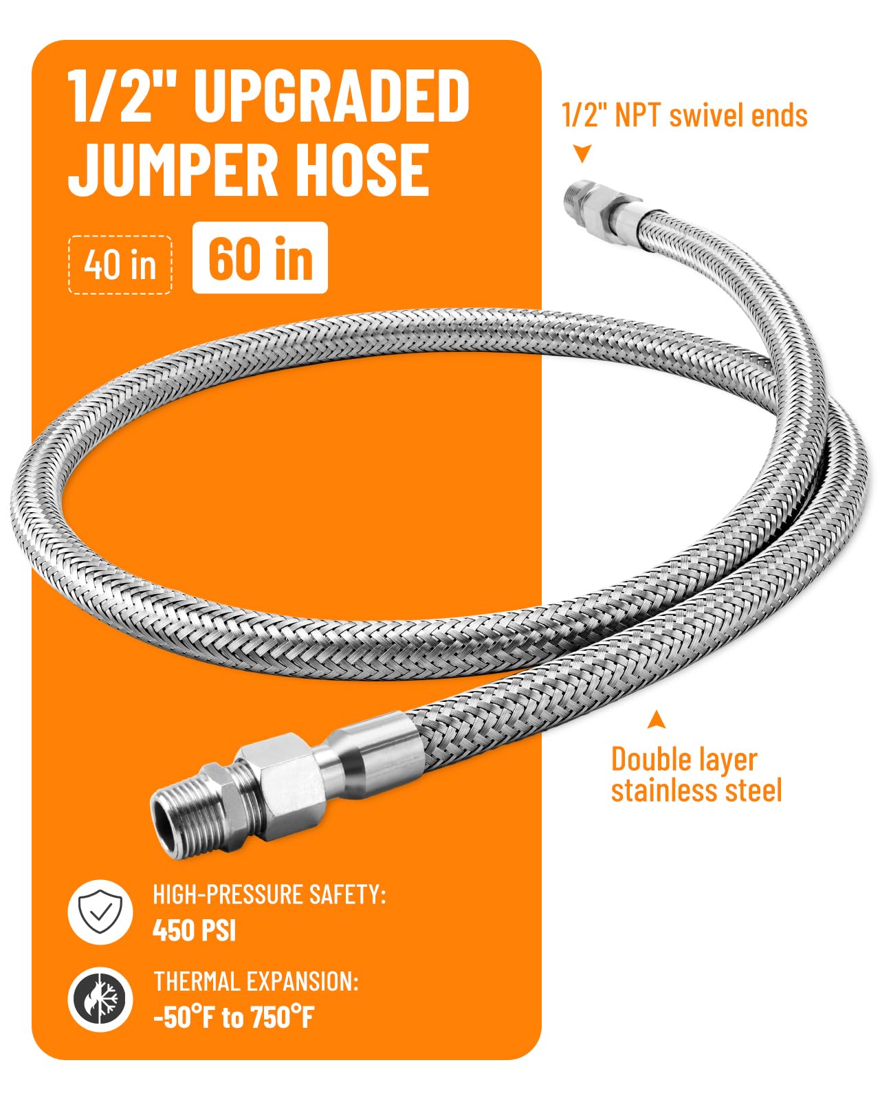 Turnirace 1/2" x 60" Air Compressor Jumper Hose Kit, Steel Braided NPT Air Hose with 1/2" Swivel Ends, Air Compressor Pump to Tank Line, 450 PSI 750°F Air Compressor Flex Hose